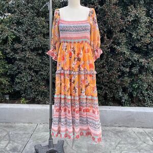 Davi & Dani Boho Printed Ruffle Maxi Dress Smocked Bodice Hippie Large Fairy